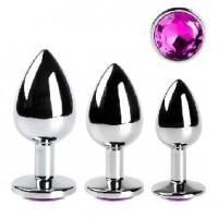Metal Anal Plug 3 Pc Set w/Purple Jewels
